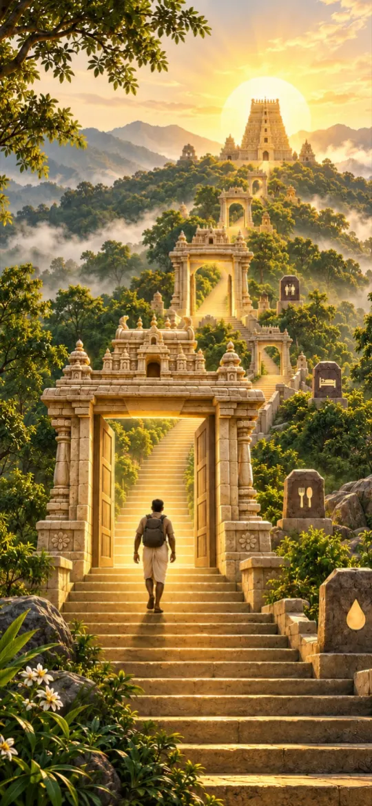 A pilgrim walking through a stone gateway and climbing forest steps toward a hilltop temple at sunrise