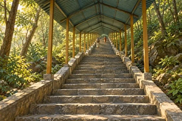 The Srivari Mettu footpath steps among trees on the route to Tirumala